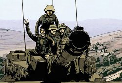 戦車の上で浮かれながらレバノンに進軍するイスラエル軍兵士を描いた場面